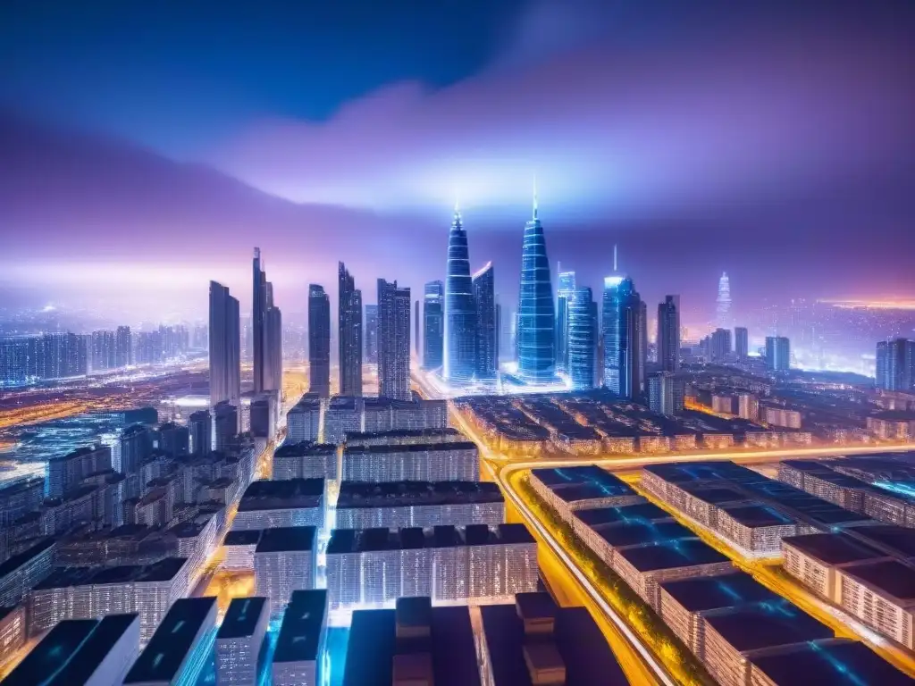 Metrópolis futurista: luces neón y conectividad global Vibrante ciudad futurista nocturna con luces de neón, infraestructura avanzada y red de datos brillantes