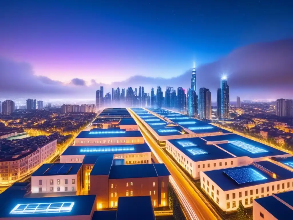 Skyline futurista: arquitectura sostenible y autos eléctricos Vibrante ciudad futurista nocturna, con edificios sostenibles y certificaciones de sostenibilidad en el mercado inmobiliario