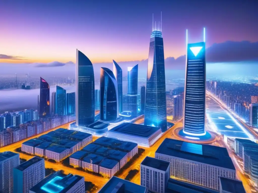 Metrópolis futurista: rascacielos, autos voladores y negocios globales Vibrante ciudad futurista nocturna con rascacielos iluminados y autos voladores