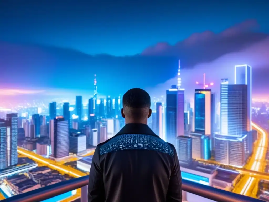 Ciudad digital futurista: ciberseguridad en inversión inmobiliaria Vibrante ciudad futurista nocturna con rascacielos iluminados por luces neón y hologramas de ciberseguridad