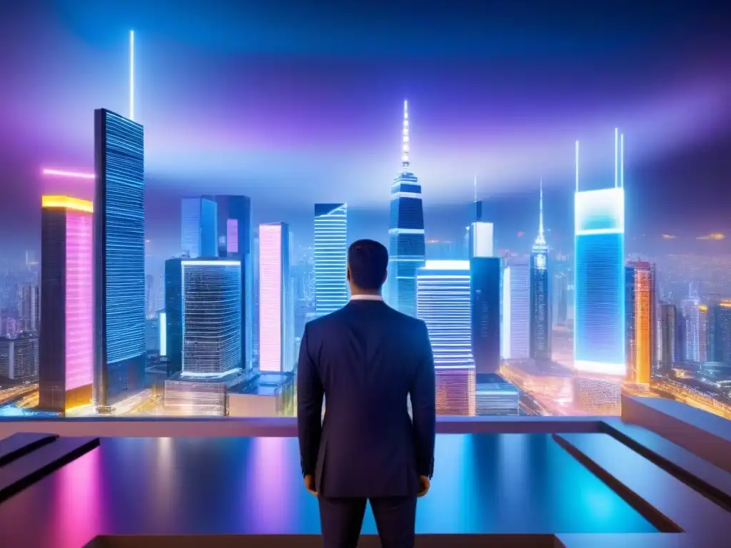 Metrópolis futurista: PropTech en acción Vibrante ciudad futurista nocturna con rascacielos iluminados por luces de neón, personas y tecnología innovadora, reflejando historias de éxito inversores PropTech