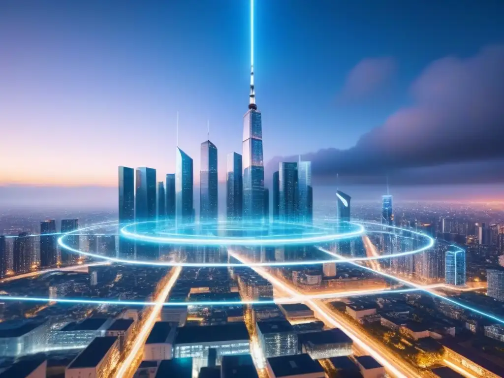 Metrópolis digital: blockchain integra la arquitectura del futuro Vibrante ciudad futurista con nodos blockchain sobre rascacielos