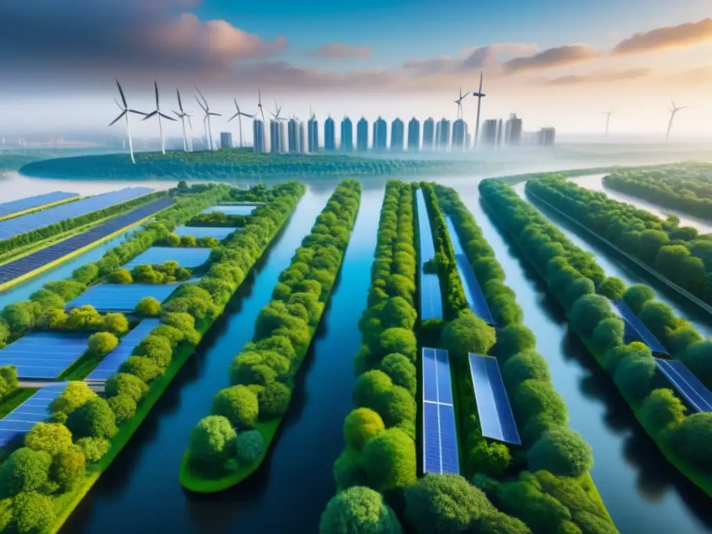 Metrópolis futurista sostenible: diseño innovador y armonía tecnológica Vibrante ciudad futurista con normativas construcción sostenible inversión internacional