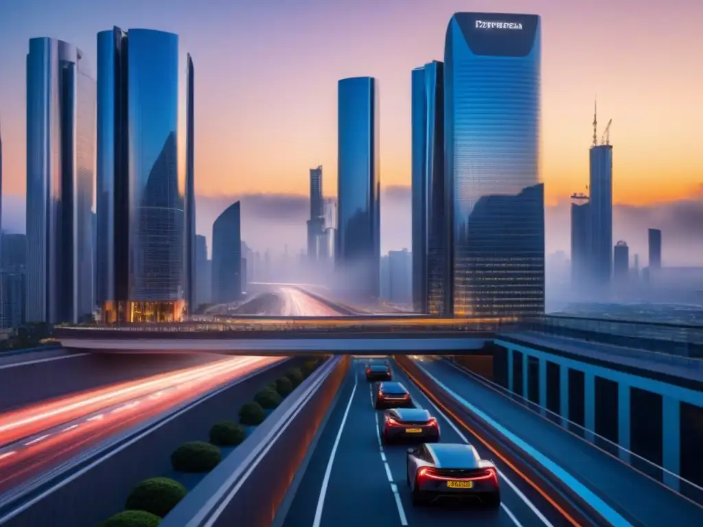 Metrópolis futurista: luces y seguridad en el atardecer Vibrante ciudad futurista al anochecer, reflejando innovación y normativas seguridad desarrollo inmobiliario global