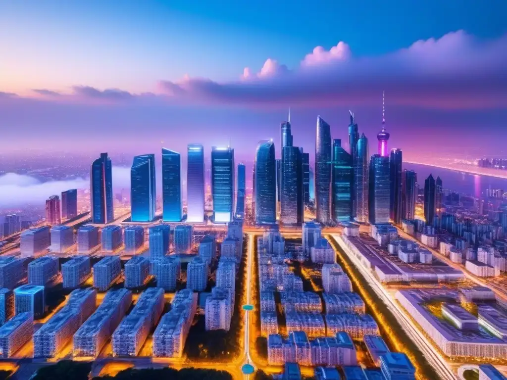 Skyline futurista: ciudad nocturna en 8k con rascacielos y coches voladores Vibrante ciudad futurista al anochecer con oportunidades inmobiliarias internacionales postcrisis