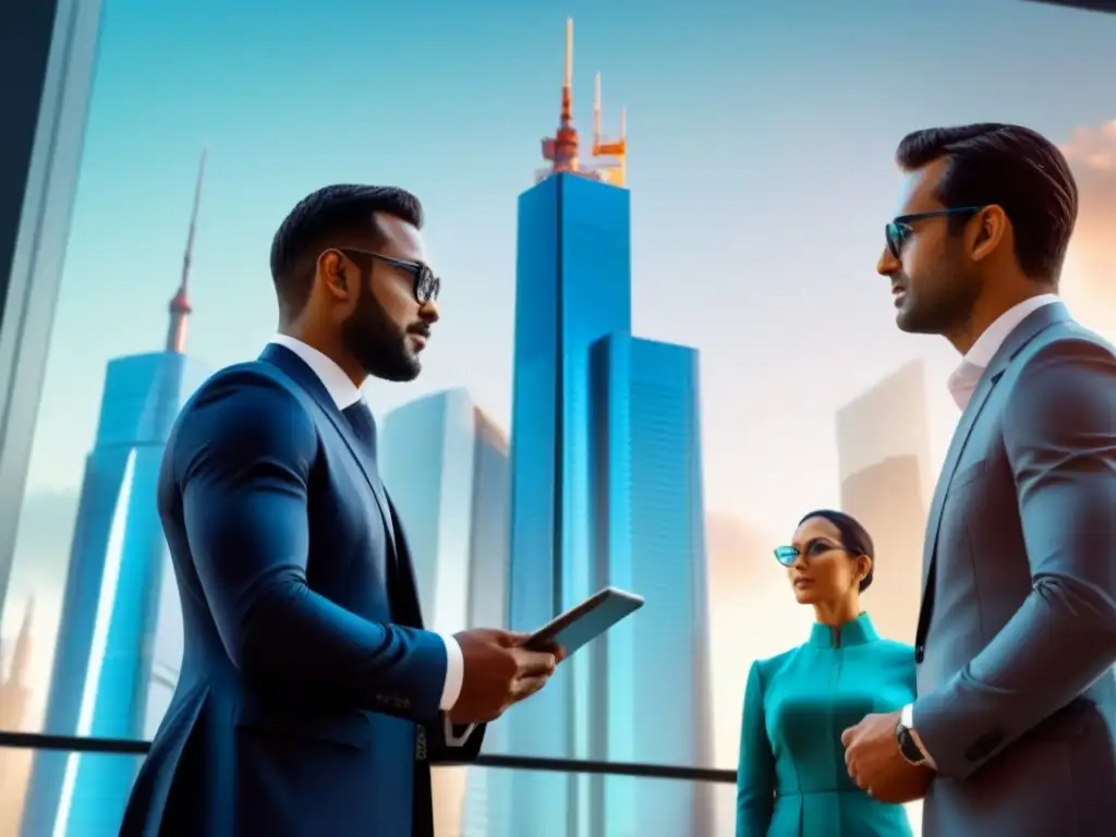 Innovación y estrategia: profesionales en ciudad futurista Vibrante ciudad futurista con profesionales debatiendo sobre políticas gubernamentales inversión inmobiliaria