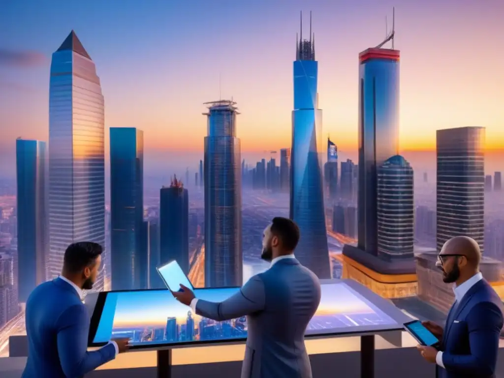 Horizonte futurista: Profesionales en la era inmobiliaria Vibrante ciudad futurista con profesionales discutiendo estrategias mercado inmobiliario emergentes