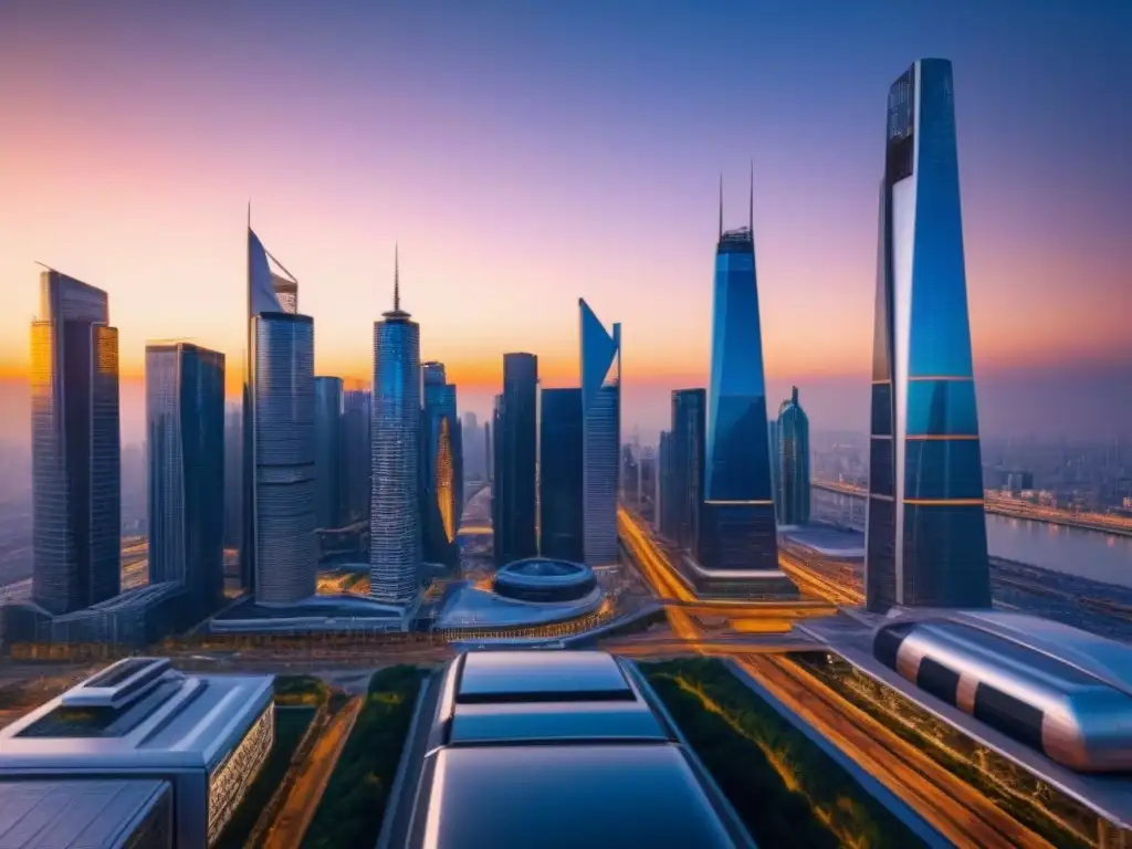 Metrópolis futurista: luces al atardecer y progreso urbano Vibrante ciudad futurista al anochecer, reflejando progreso y prosperidad