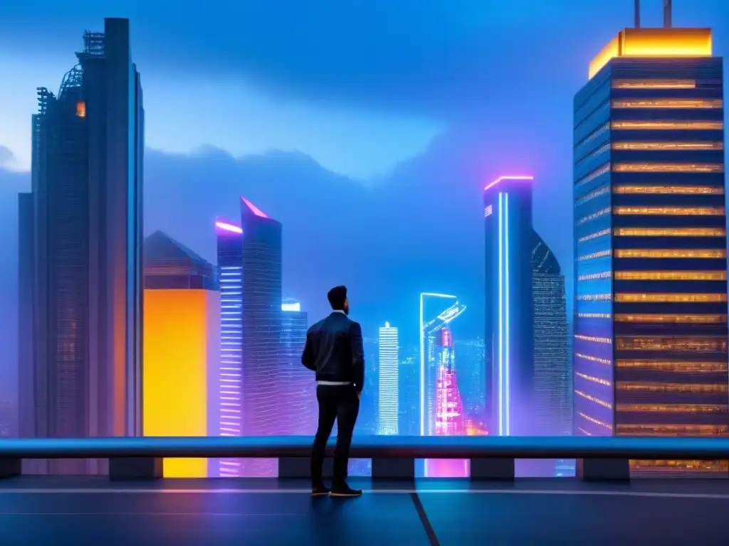 Metrópolis futurista: arquitectura innovadora y luces neón en atardecer Vibrante ciudad futurista al anochecer, con rascacielos innovadores y luces neón