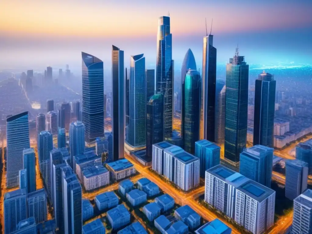 Horizonte urbano futurista: inversión inmobiliaria y tecnología Vibrante ciudad futurista con rascacielos y tecnología, simbolizando la predicción de riesgos en inversión