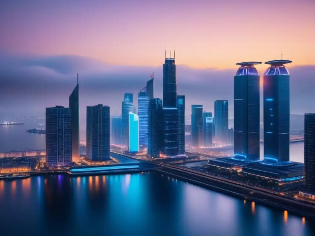 Futurismo nocturno: ciudad ultradetallada en 8k con drones AI Vibrante ciudad futurista con IA, rascacielos iluminados y drones avanzados, reflejados en agua