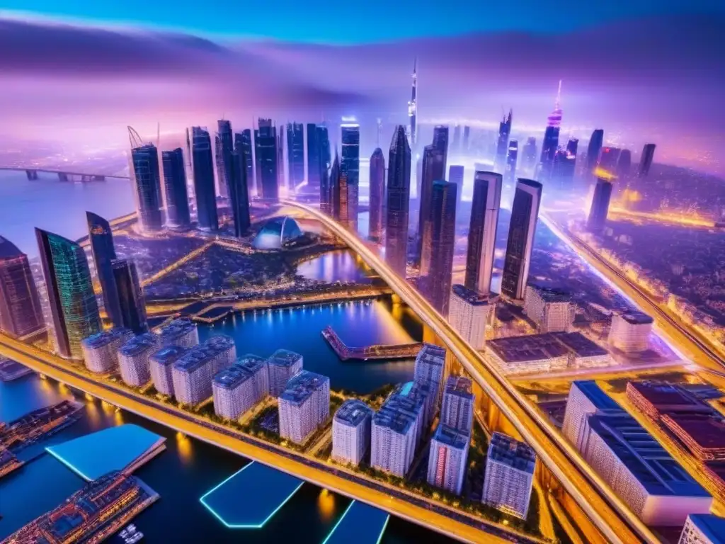 Metrópolis futurista: luces y tecnología en la ciudad del mañana Vibrante ciudad futurista con rascacielos y puentes iluminados, reflejo del avance en el mercado inmobiliario internacional