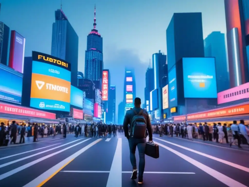 Metrópolis futurista: skyline de rascacielos iluminados en la hora azul Vibrante ciudad futurista al anochecer, con rascacielos iluminados y personas caminando