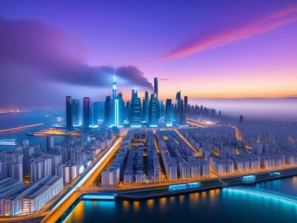 Horizonte urbano futurista: ciudad 8k con edificios neón Vibrante ciudad futurista con rascacielos iluminados por luces de neón en un mercado inmobiliario digital