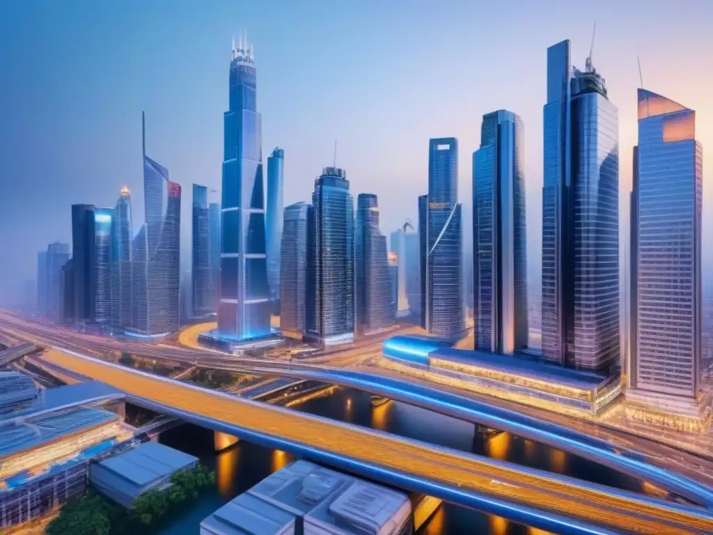 Metrópolis futurista: luces, gente y tecnología en armonía Vibrante ciudad futurista al anochecer, con rascacielos iluminados y transporte avanzado