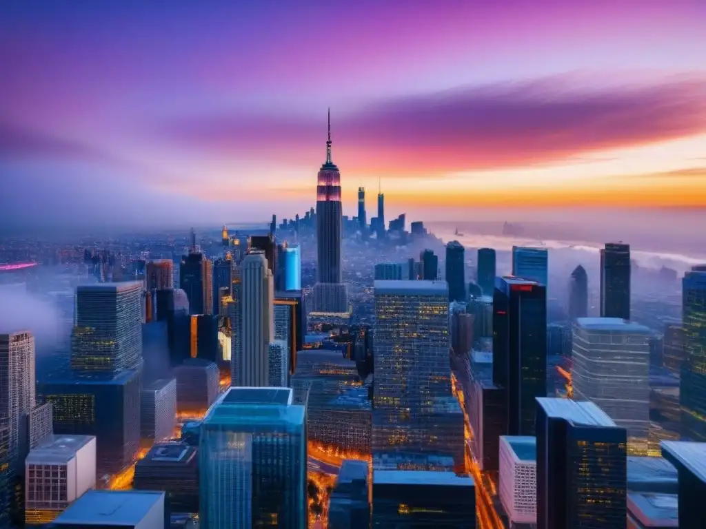 Metrópolis futurista: atardecer digital en una ciudad innovadora Vibrante ciudad futurista con rascacielos de vidrio y acero, reflejando un atardecer digital, que transmite innovación y conexiones globales