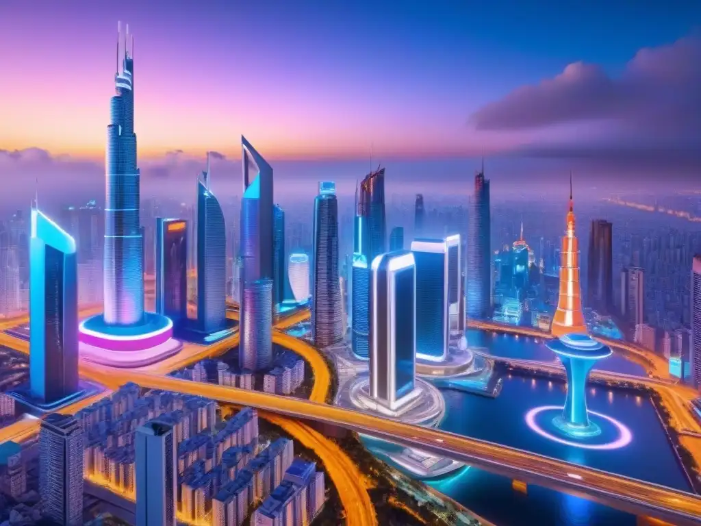 Metrópolis Futurista: Marketing Inmobiliario con IA Vibrante ciudad futurista con rascacielos iluminados por luces neón, drones AI y anuncios digitales