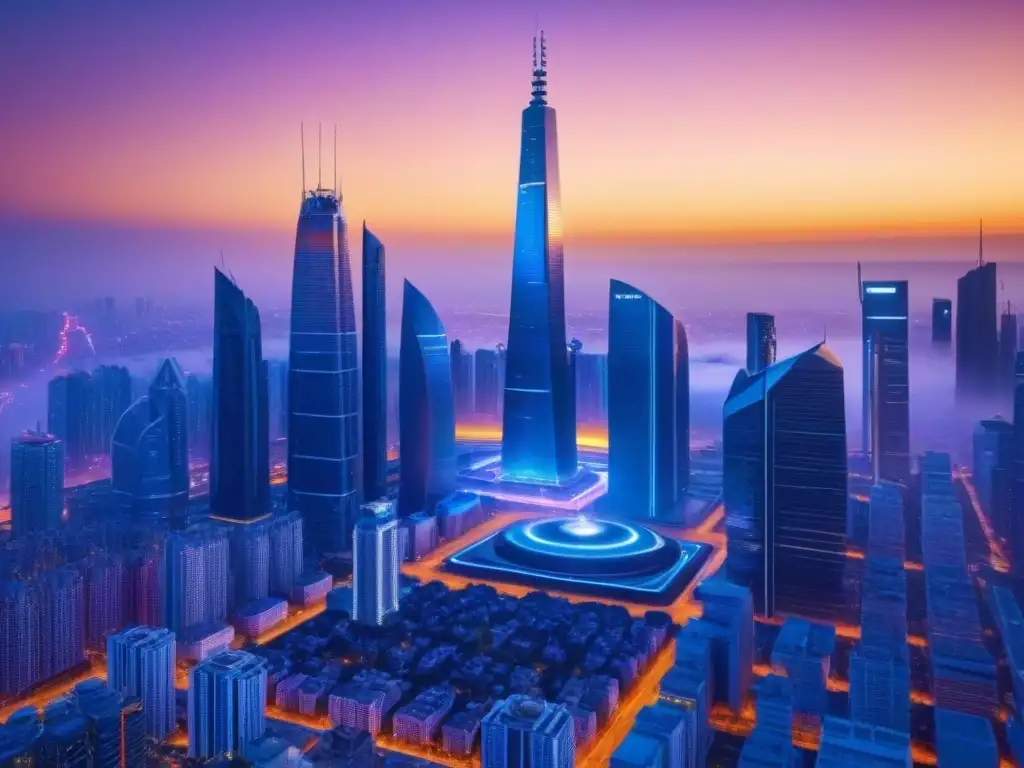 Metrópolis futurista en 8k: innovación y prosperidad Vibrante ciudad futurista con rascacielos y tecnología avanzada, tokenización activos inmobiliarios inversión internacional