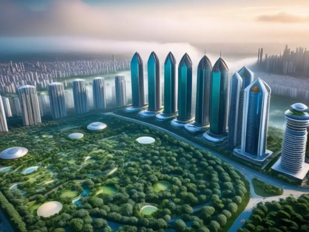 Metrópolis futurista: armonía entre naturaleza y modernidad Vibrante ciudad futurista con rascacielos modernos y naturaleza, reflejando personalización en mercados inmobiliarios emergentes