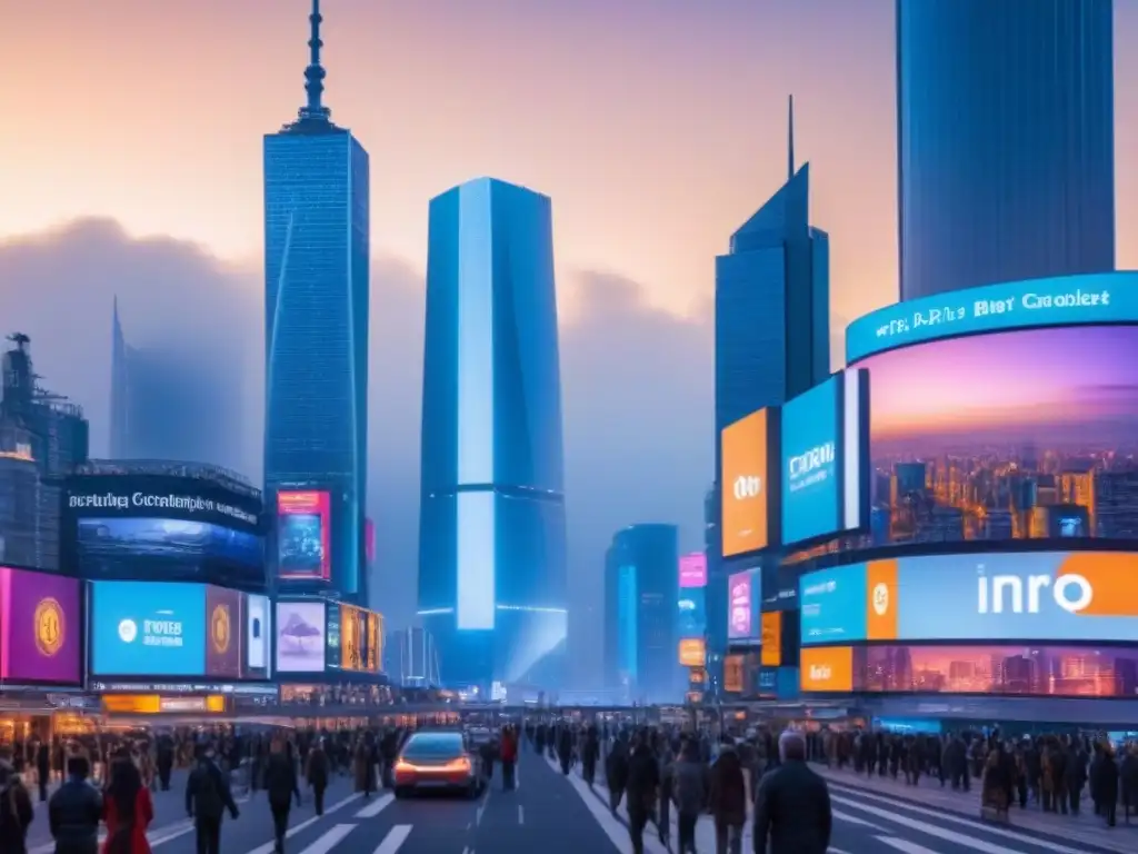 Inversión inmobiliaria con criptomonedas: ciudad futurista 8k Vibrante ciudad futurista al anochecer con rascacielos iluminados y criptomonedas, ideal para invertir en inmuebles con criptomonedas