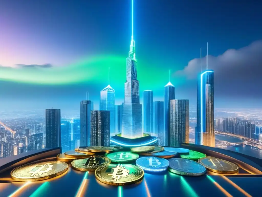 Metropolis cripto: ciudad futurista de blockchain Vibrante ciudad futurista de rascacielos cripto con monedas y símbolos blockchain, ideal para invertir en inmuebles con criptomonedas