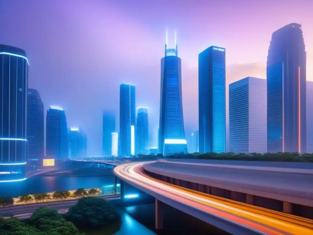 Metrópolis futurista: luces y oportunidades urbanas Vibrante ciudad futurista al anochecer con rascacielos iluminados por luces de neón y calles llenas de vida