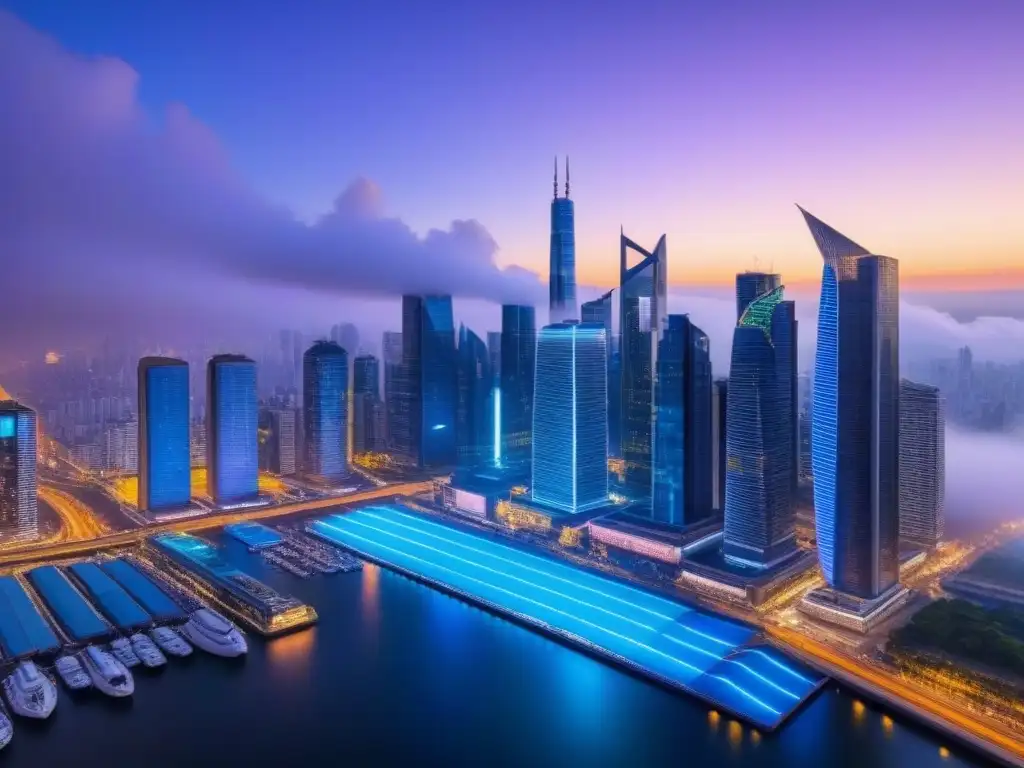 Metrópolis futurista: fusion de inversión inmobiliaria y criptomonedas Vibrante ciudad futurista al anochecer con rascacielos iluminados y datos de mercado de criptomonedas