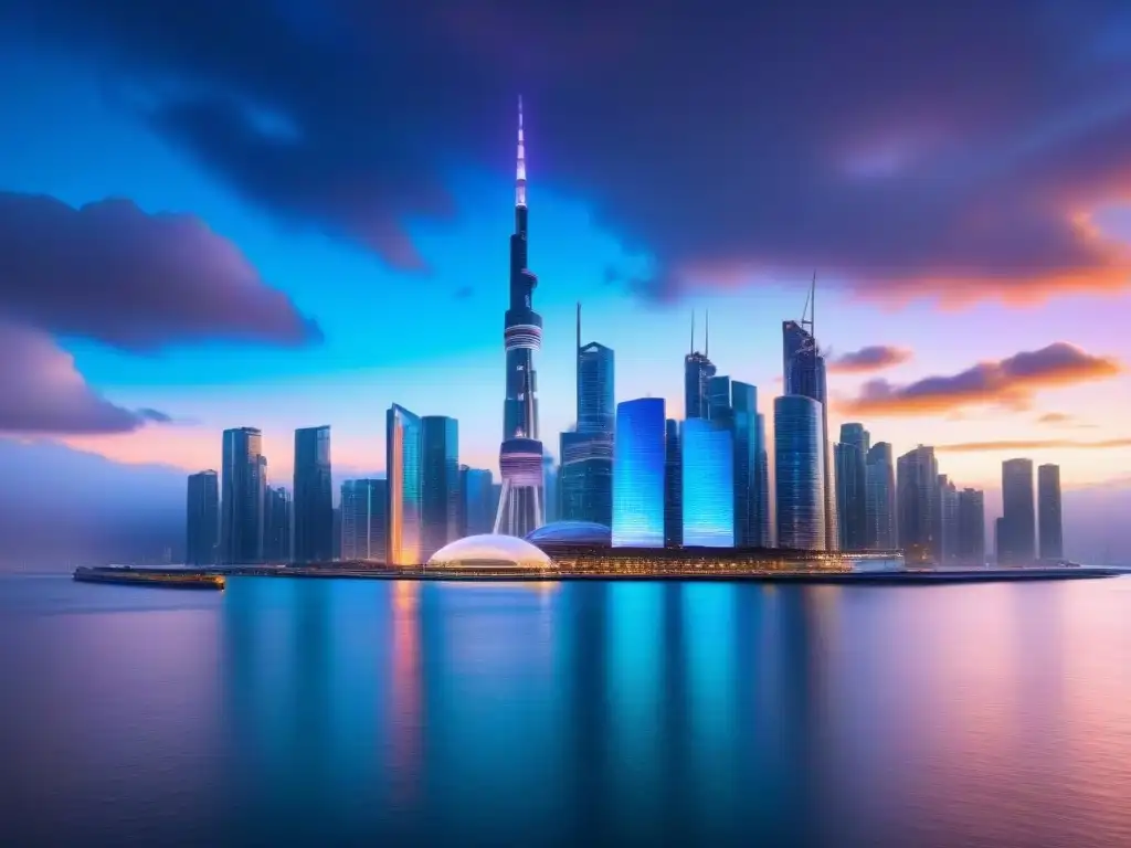 Metrópolis futurista: criptomonedas en hologramas Vibrante ciudad futurista con rascacielos y hologramas de criptomonedas al anochecer
