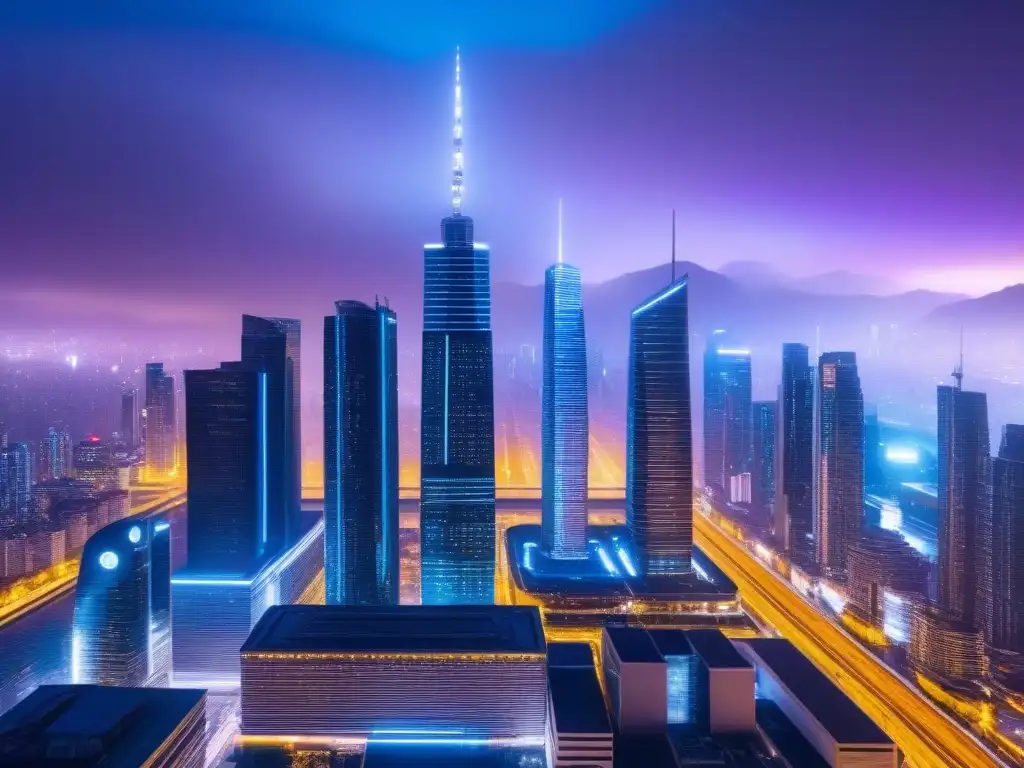 Metrópolis futurista: fusión real estate y criptomonedas Vibrante ciudad futurista con rascacielos iluminados por luces de neón, reflejando el impacto de las criptomonedas en inversiones inmobiliarias