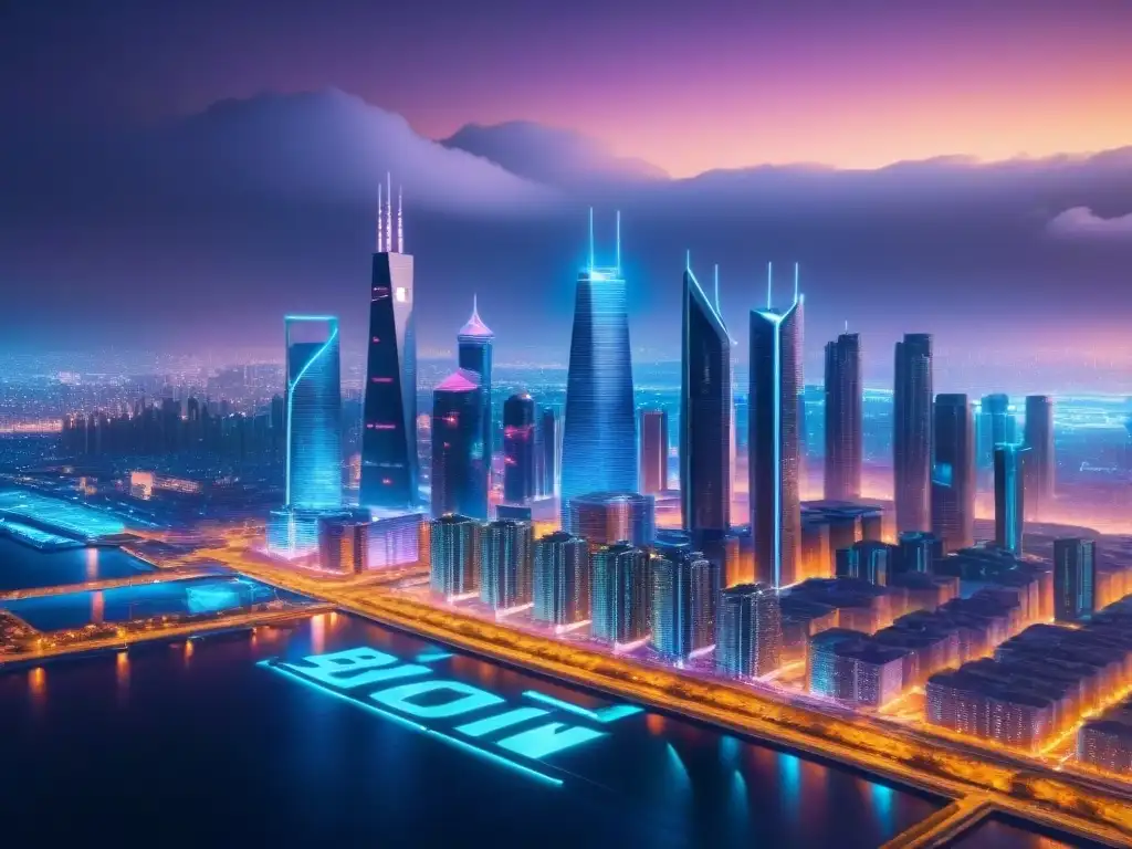 Cityscape futurista con criptomonedas: Bitcoin, Ethereum y más en 8k neon Vibrante ciudad futurista con rascacielos entrelazados con símbolos de criptomonedas, iluminados en colores neón