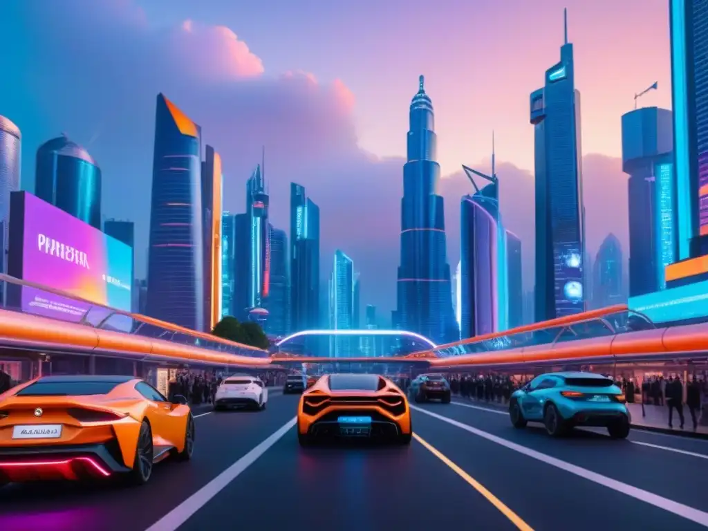 Metrópolis futurista: inversiones inmobiliarias en criptomonedas Vibrante ciudad futurista al anochecer, con rascacielos iluminados y tecnología innovadora