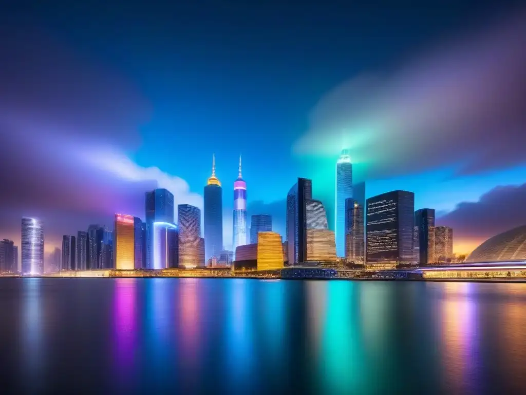 Futurista ciudad 8k: rascacielos cripto con gráficos digitales Vibrante ciudad futurista con rascacielos de cristal, reflejando gráficos de criptomonedas