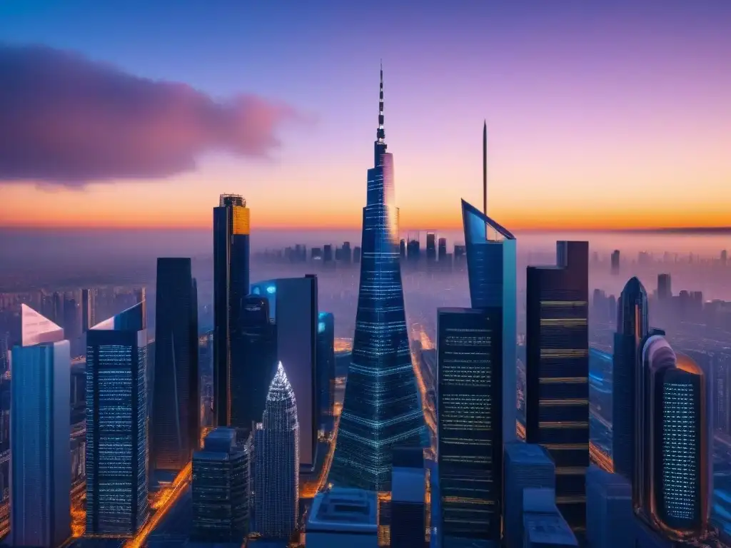 Ciudad futurista con rascacielos y tecnología blockchain en 8k Vibrante ciudad futurista con rascacielos modernos y datos de criptomonedas en pantallas digitales