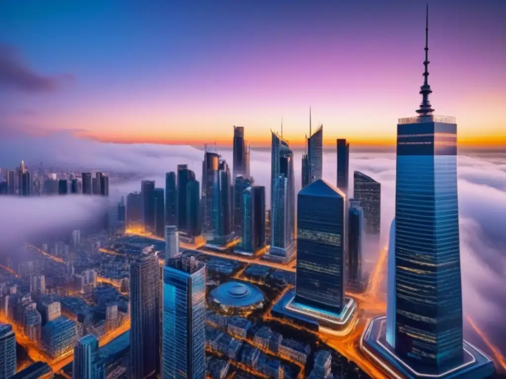 Cityscape Futurista: Integración Tecnológica en Bienes Raíces Vibrante ciudad futurista con rascacielos al atardecer y jóvenes profesionales, reflejando tendencias mercado inmobiliario internacional