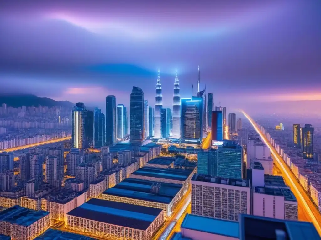 Innovación urbana: ciudad futurista al anochecer Vibrante ciudad futurista al anochecer con rascacielos brillantes y luces de neón, simbolizando el potencial del crowdfunding inmobiliario internacional análisis