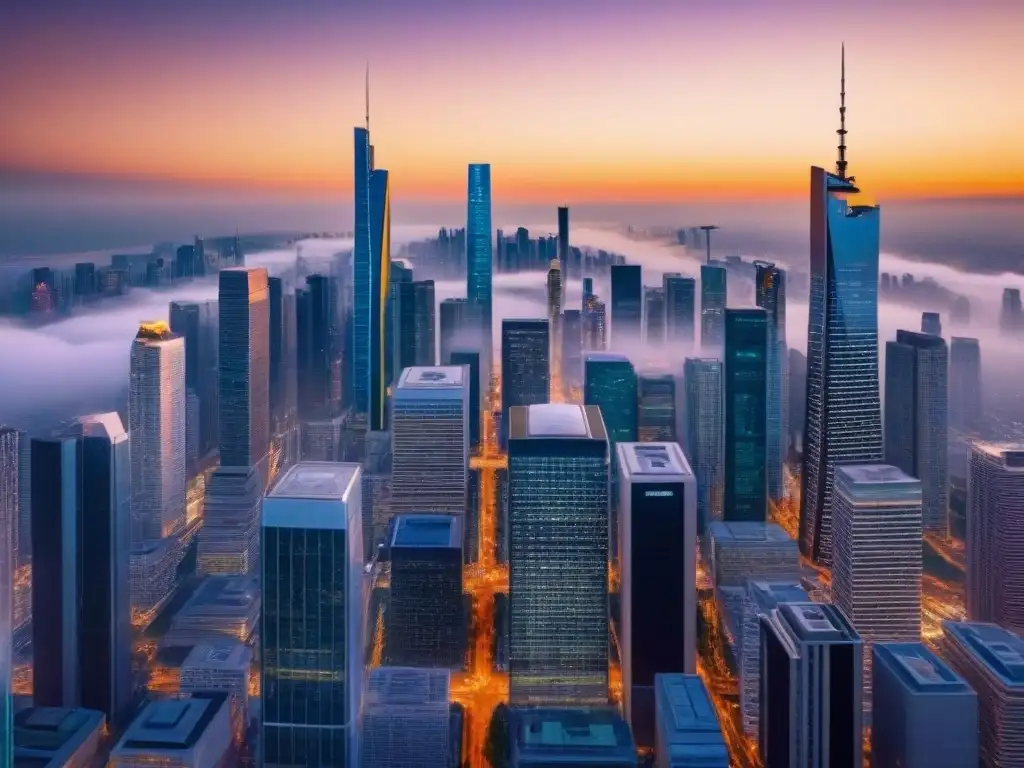 Metrópolis futurista: inversión inmobiliaria en la era digital Vibrante ciudad futurista con rascacielos, datos inmobiliarios y tendencias demográficas en REITs