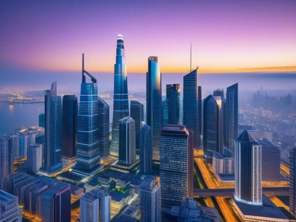 Metrópolis futurista con REITs: inversión inmobiliaria vibrante Vibrante ciudad futurista con rascacielos representando Valuación REITs mercado inmobiliario internacional