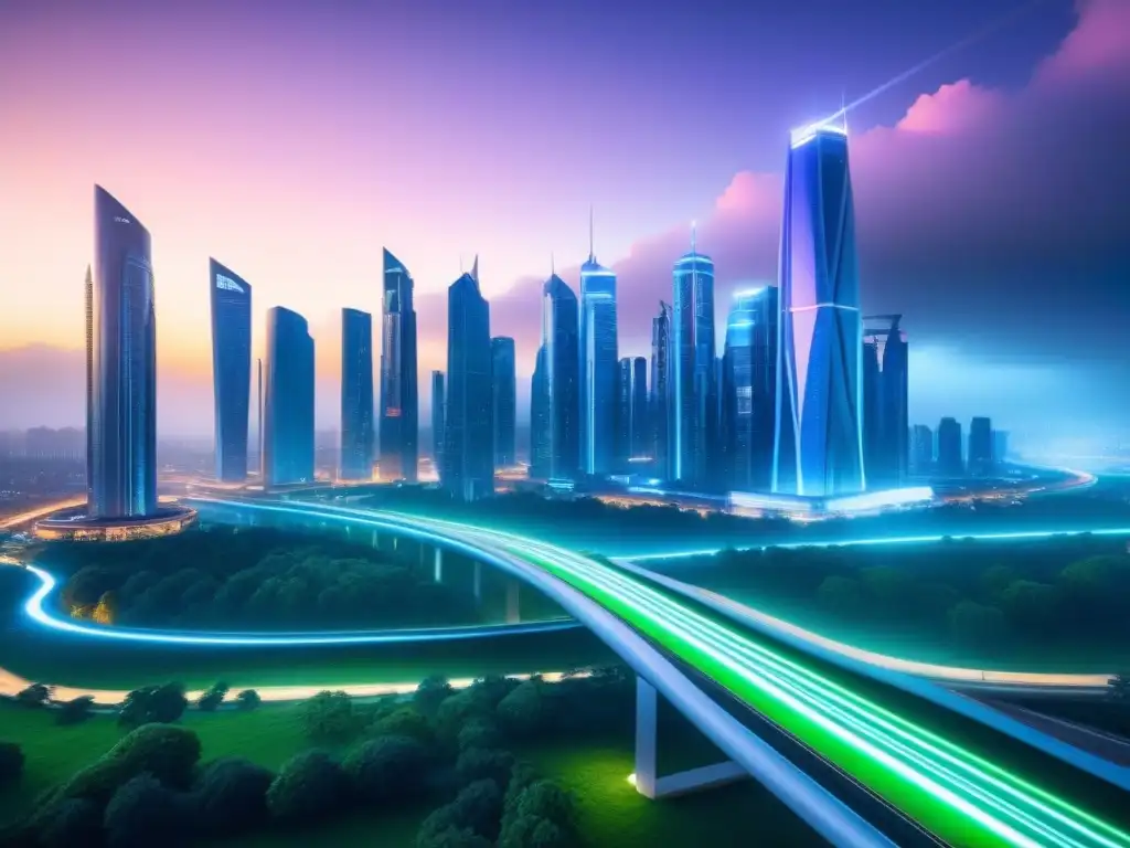 Metrópolis futurista: innovación y progreso inmobiliario Vibrante ciudad futurista con rascacielos, espacios verdes y diseño arquitectónico innovador, reflejando tendencias mercado inmobiliario internacional