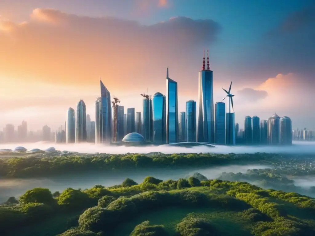 Metrópolis futurista sostenible en 8k: edificios eco con energía renovable Vibrante ciudad futurista con rascacielos sostenibles, rodeados de naturaleza y energía renovable al atardecer