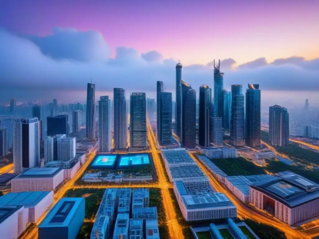 Innovación urbana: ciudad futurista con tecnología PropTech Vibrante ciudad futurista al anochecer con rascacielos brillantes, pantallas digitales e innovadoras drones