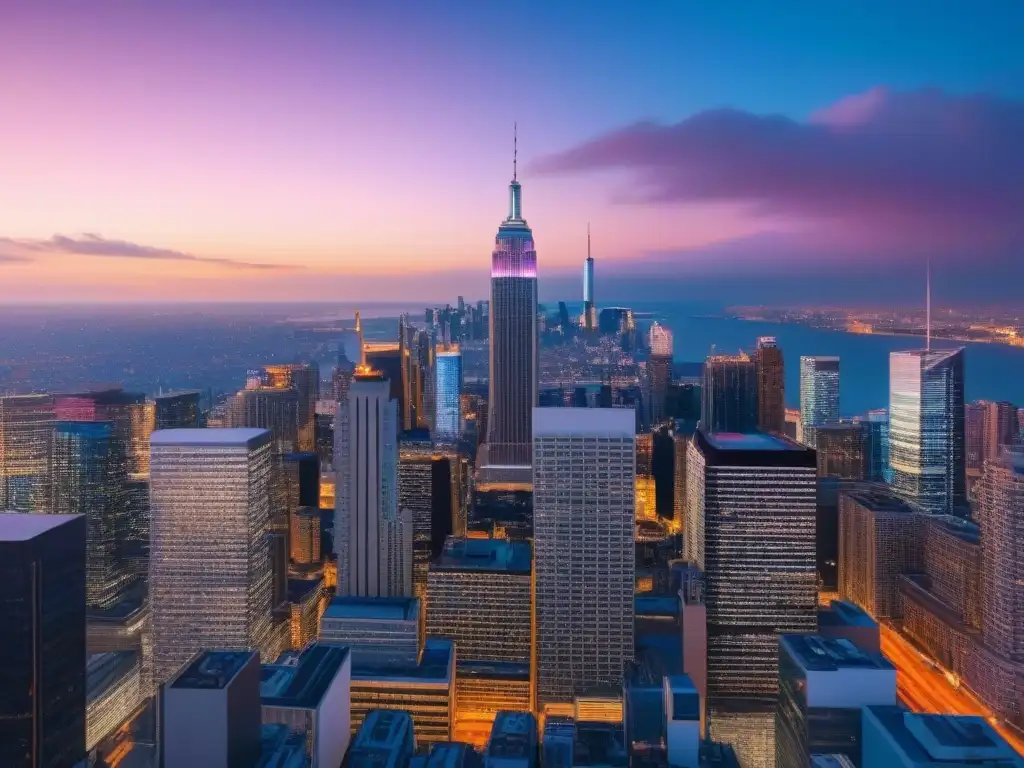 Cityscape futurista con profesionales en interacción digital Vibrante ciudad futurista al anochecer con rascacielos iluminados por neones, reflejando la innovación de las Plataformas PropTech mercado inmobiliario