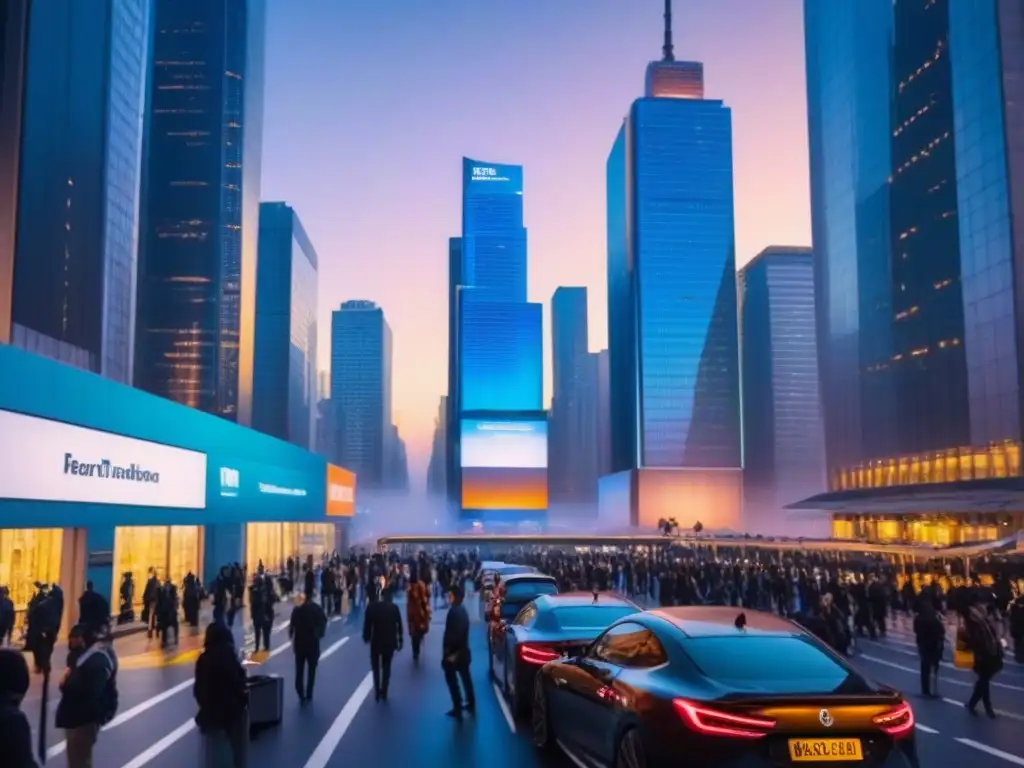 Metrópolis futurista: mercado inmobiliario digital en auge Vibrante ciudad futurista al anochecer con rascacielos iluminados y activa calle de profesionales usando tecnología PropTech mercado inmobiliario