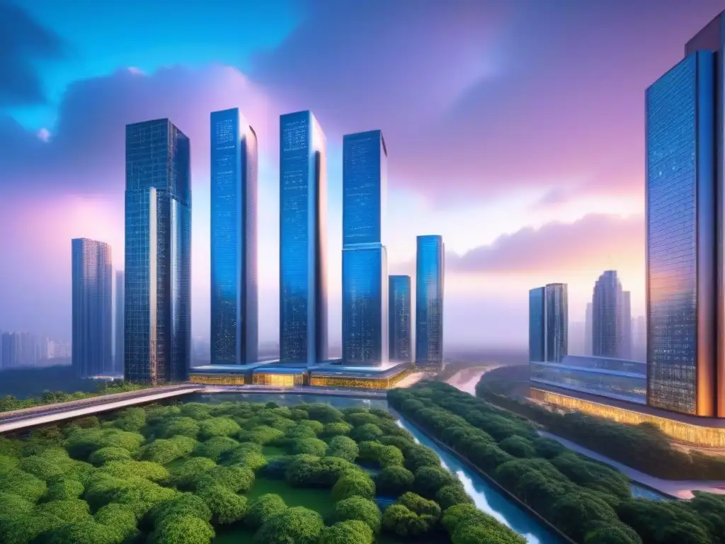 Metrópolis futurista: innovación inmobiliaria y tecnológica en PropTech Vibrante ciudad futurista con rascacielos de vidrio y pantallas digitales, reflejando la innovación de las Plataformas PropTech mercado inmobiliario