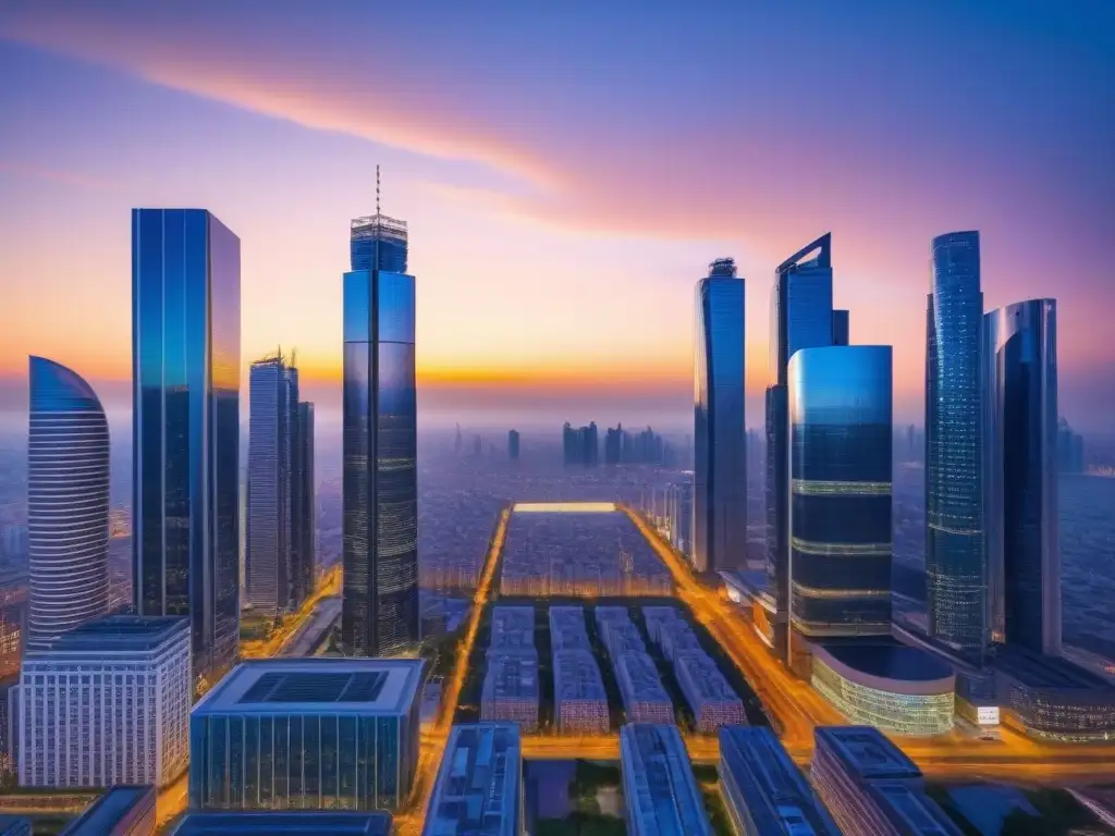 Metrópolis del futuro: fusión arquitectónica y auge inmobiliario global Vibrante ciudad futurista al anochecer con rascacielos iluminados reflejando arquitectura tradicional y moderna