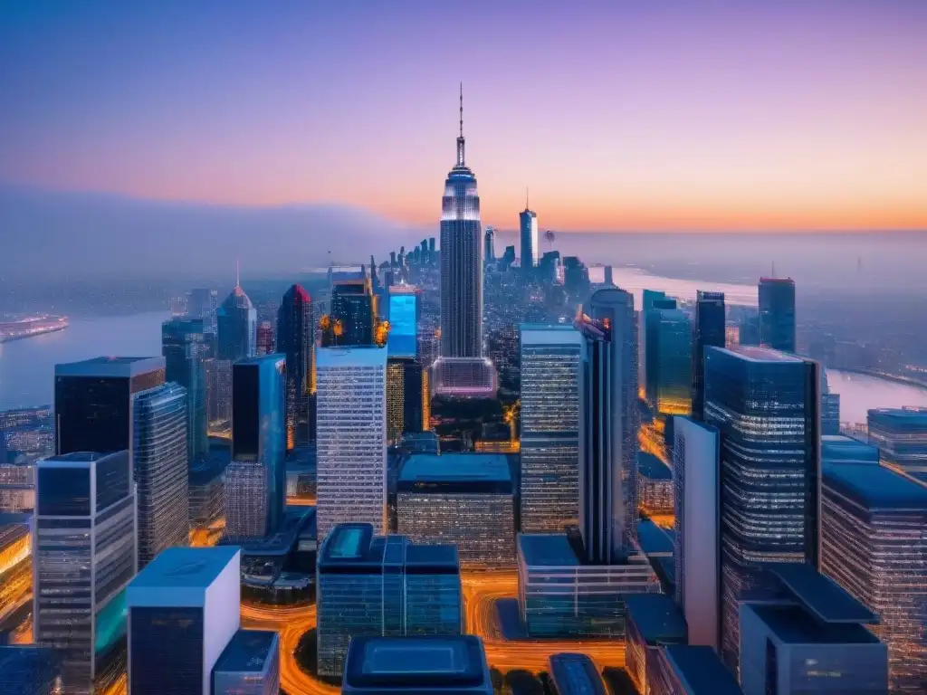 Futurista ciudad tecnológica de PropTech al anochecer Vibrante ciudad futurista con rascacielos tecnológicos y datos inmobiliarios en tiempo real al anochecer