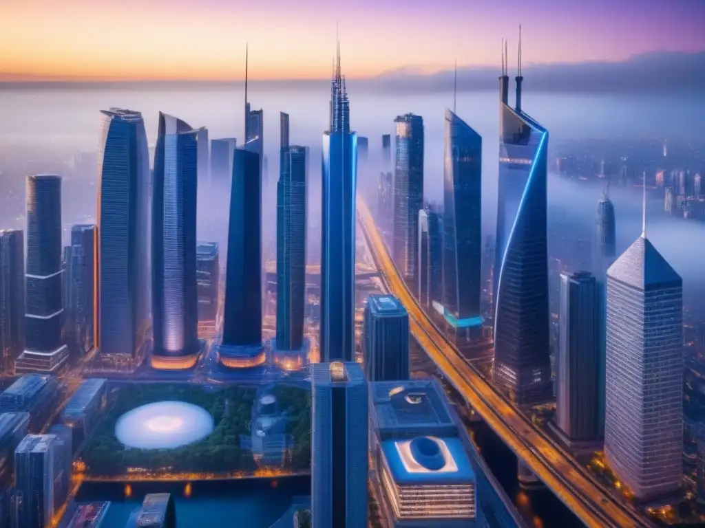Metrópolis futurista: colaboración en PropTech y real estate Vibrante ciudad futurista al anochecer con rascacielos iluminados y una red de drones en movimiento