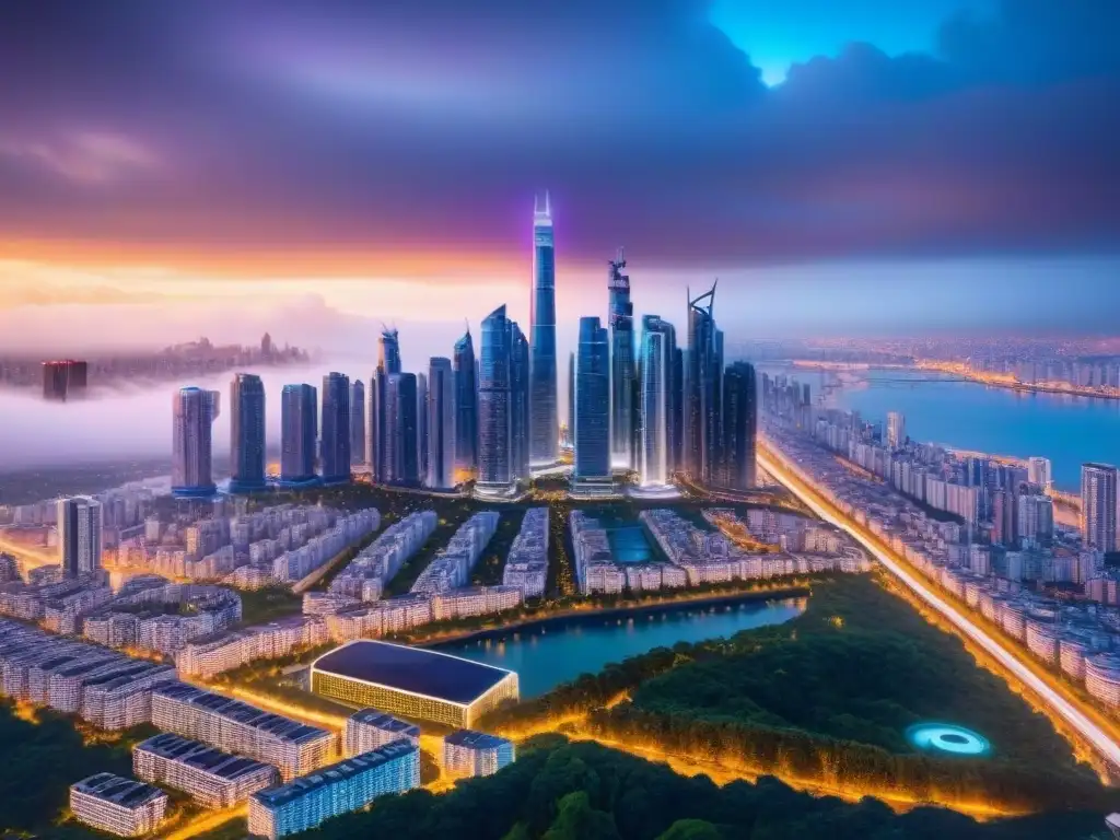 Metrópolis futurista: Integración de PropTech avanzada en paisaje urbano Vibrante ciudad futurista con rascacielos y tecnología PropTech integrada, rodeada de naturaleza