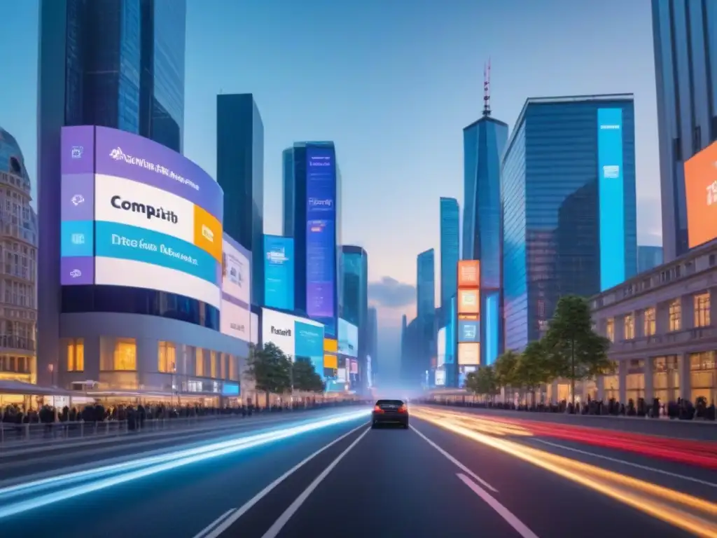Metrópolis del Futuro: PropTech en Acción Vibrante ciudad futurista al anochecer con rascacielos y tecnología PropTech en mercado inmobiliario internacional