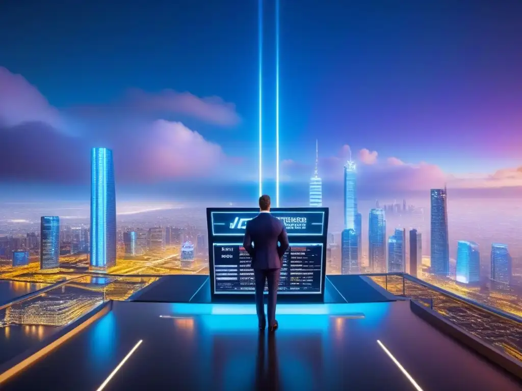Metrópolis futurista: criptomonedas, blockchain y hologramas Vibrante ciudad futurista con rascacielos y profesionales discutiendo sobre criptomonedas en mercado inmobiliario internacional