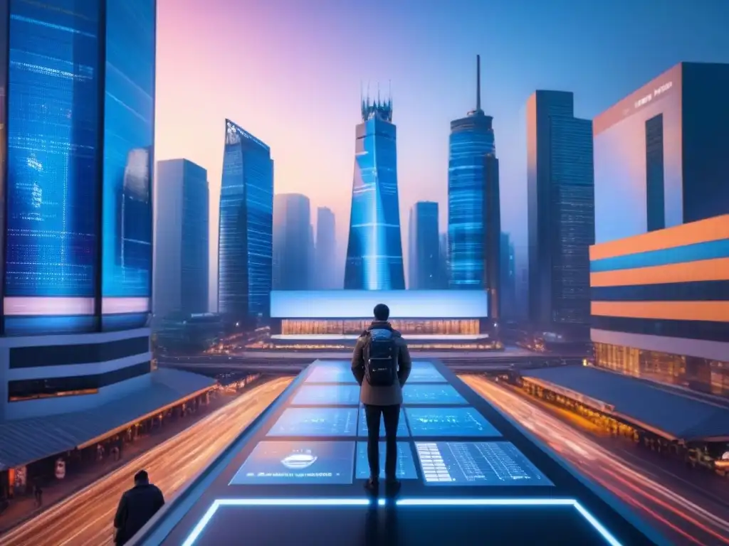 Metrópolis futurista: tecnología y finanzas en armonía Vibrante ciudad futurista al anochecer con rascacielos iluminados, drones y tecnología de vanguardia